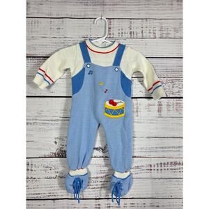 Vintage Unbranded Knit Baby Boy Outfit One Piece Drum Music Blue 3-6 Months